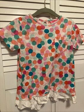 Joules White Tee with Multicolor Polka Dots and Ruffle Hem